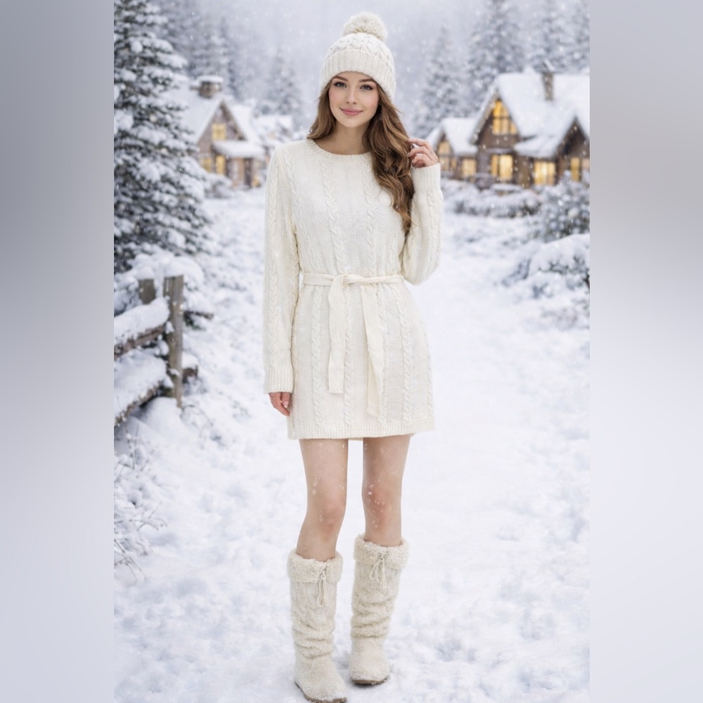 💖Sweet Stolies- Chic Cream Knit Long Sleeve Short Sweater Dress size 12 💫